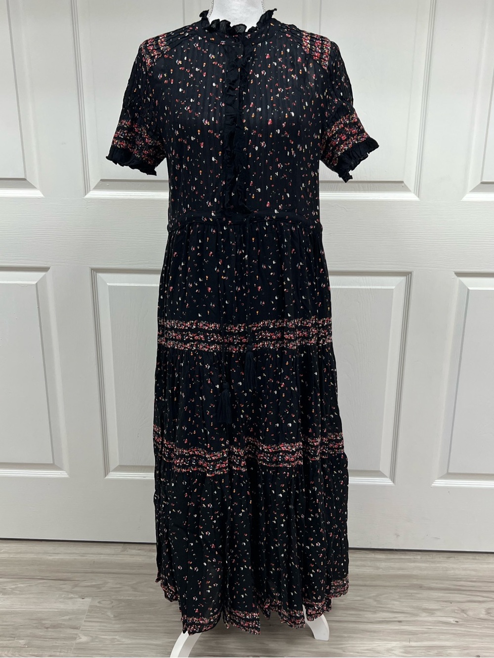 Free People Rare Feelings Black Floral Print Tiered Pleated Maxi Dress Size L - Picture 6 of 14